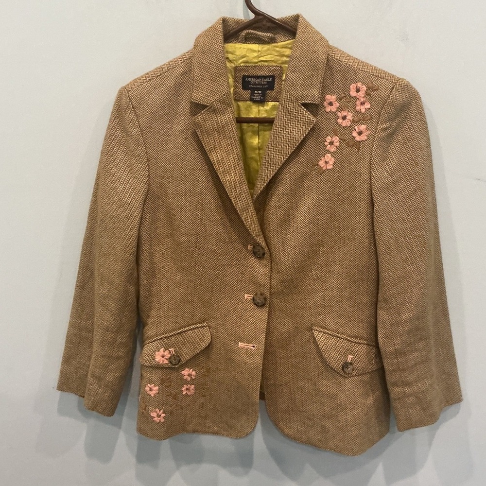 Vtg Y2K American Eagle Womens Embroidered Cotton Tweed Blazer M Herringbone Work